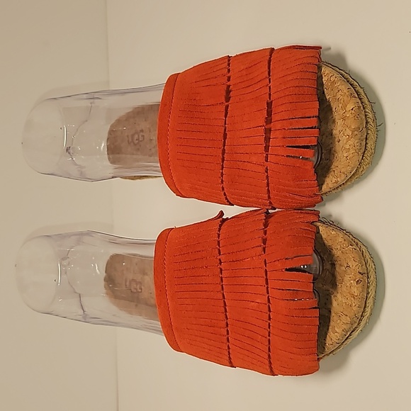 UGG Kendra Wedge Sandals Slides Espadrilles  Suede Leather Fringe Cork Orange 7 - Picture 2 of 16